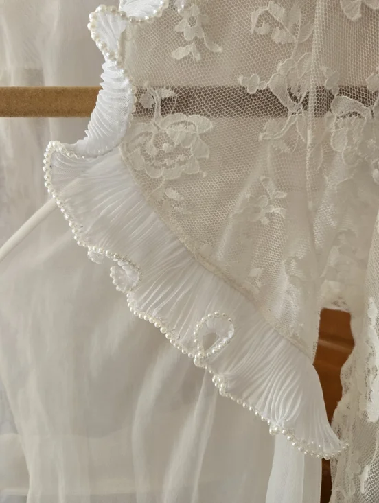 Vintage 60's Radcliffe Romantic Ivory Beaded Lace-Sleeve Peignoir Robe Small - Picture 6 of 12